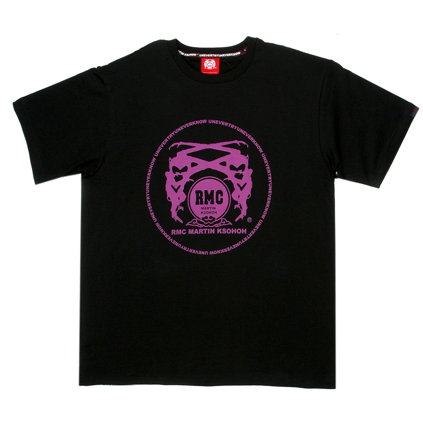 RMC MARTIN KSOHOH REGULAR FIT CREW NECK 100% COTTON SHORT SLEEVE BLACK T SHIRT WITH VIOLET LOGO PRINT REDM0079