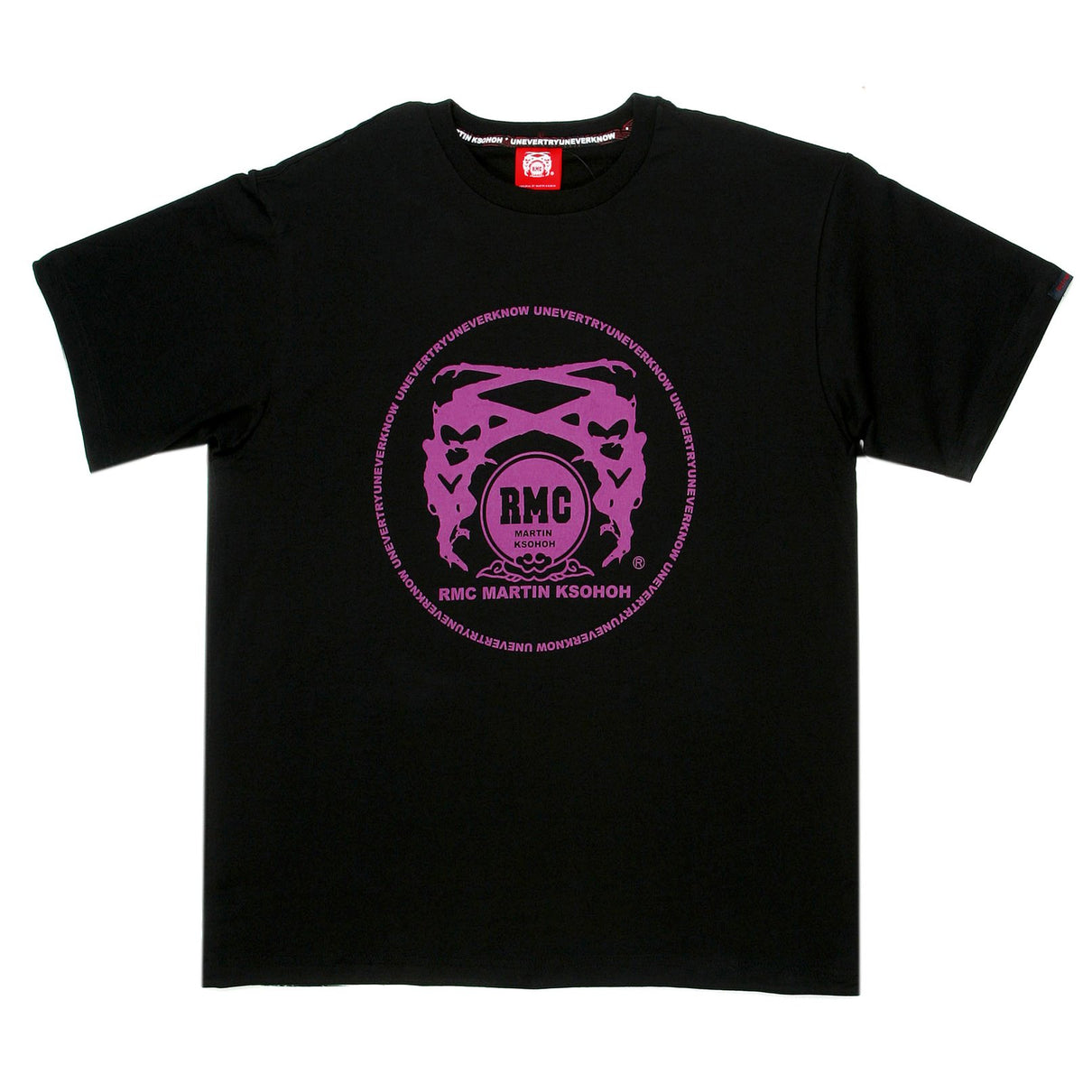 RMC MARTIN KSOHOH REGULAR FIT CREW NECK 100% COTTON SHORT SLEEVE BLACK T SHIRT WITH VIOLET LOGO PRINT REDM0079