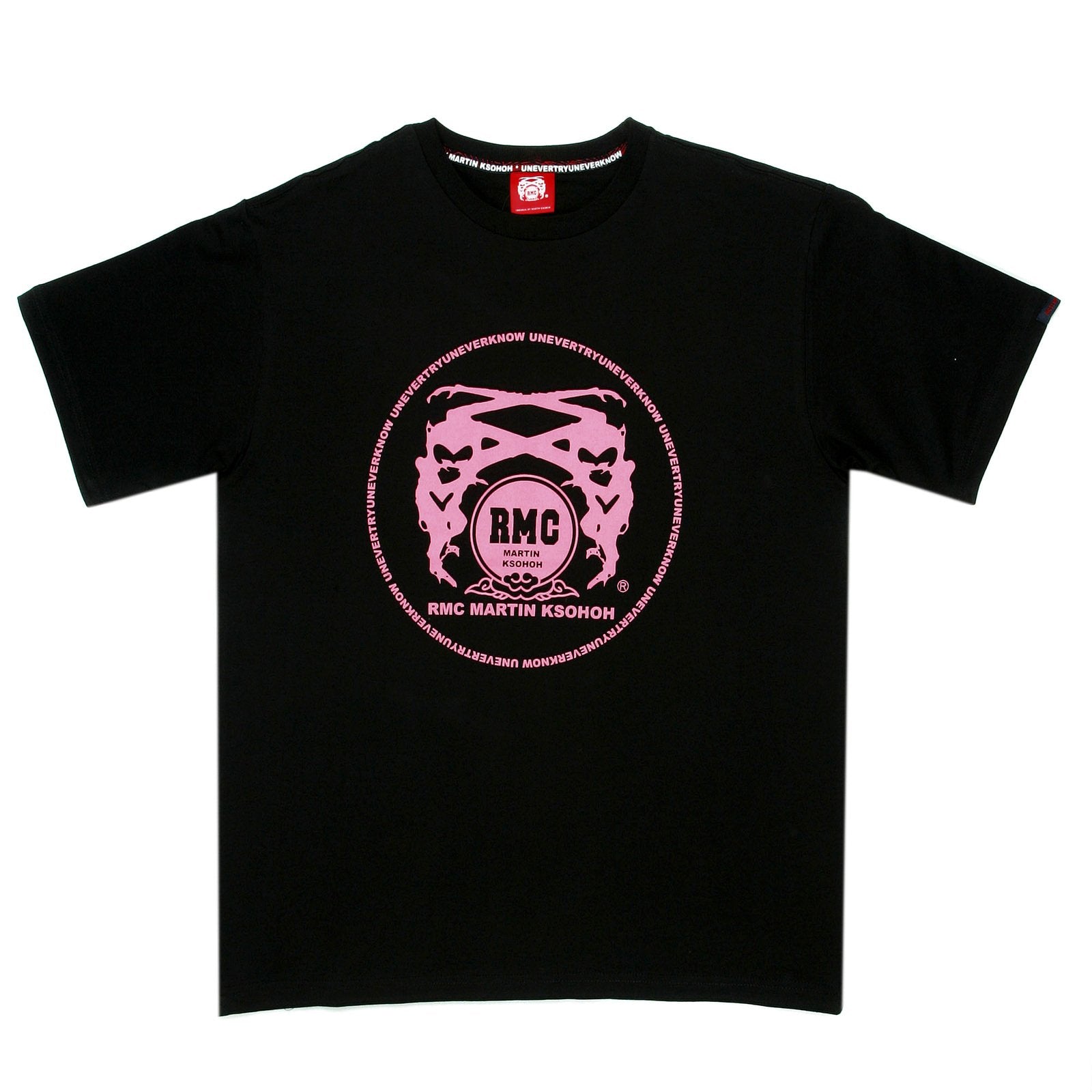 RMC MARTIN KSOHOH REGULAR FIT CREW NECK SHORT SLEEVE BLACK T SHIRT WITH ENCHANTED PINK LOGO PRINT REDM0080