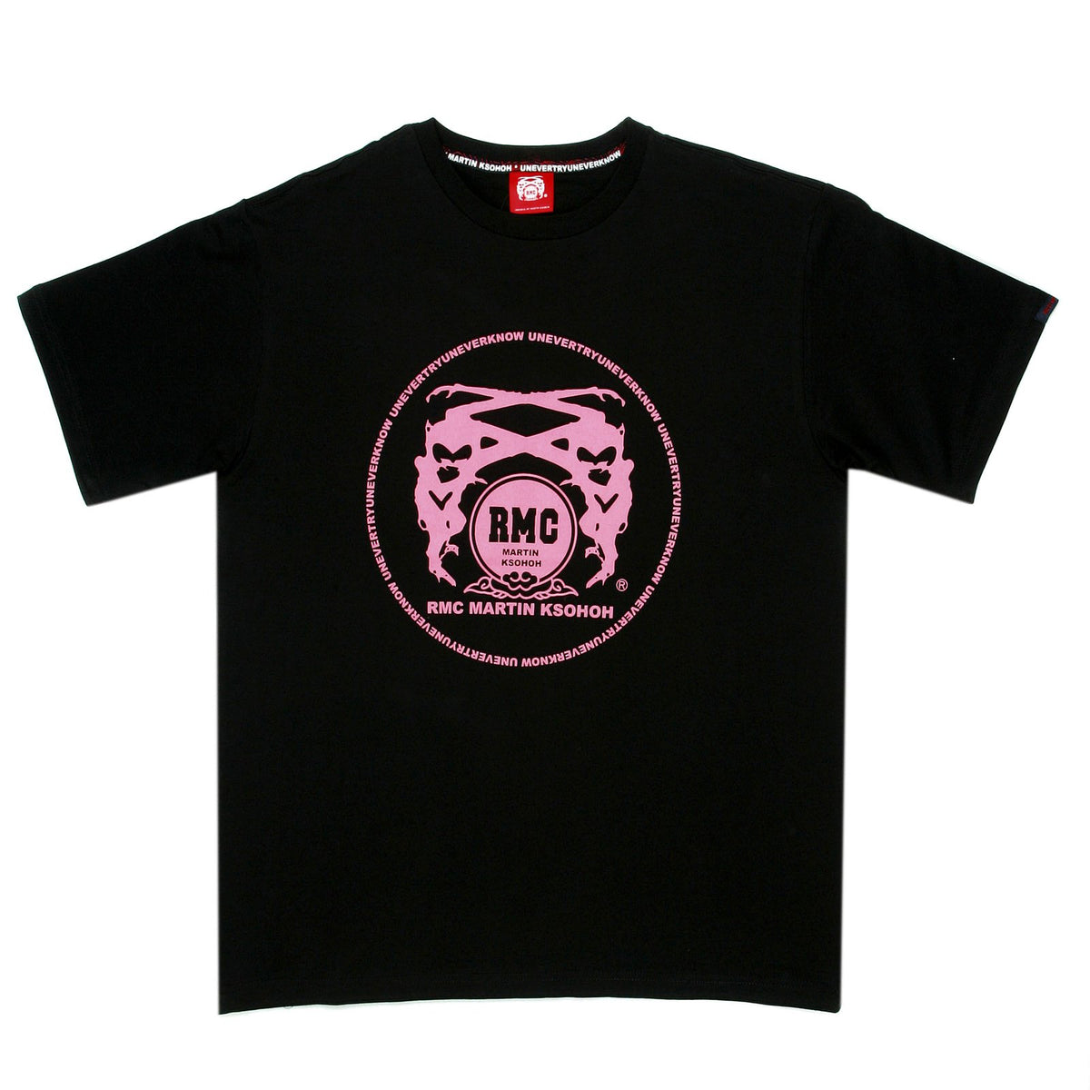 RMC MARTIN KSOHOH REGULAR FIT CREW NECK SHORT SLEEVE BLACK T SHIRT WITH ENCHANTED PINK LOGO PRINT REDM0080