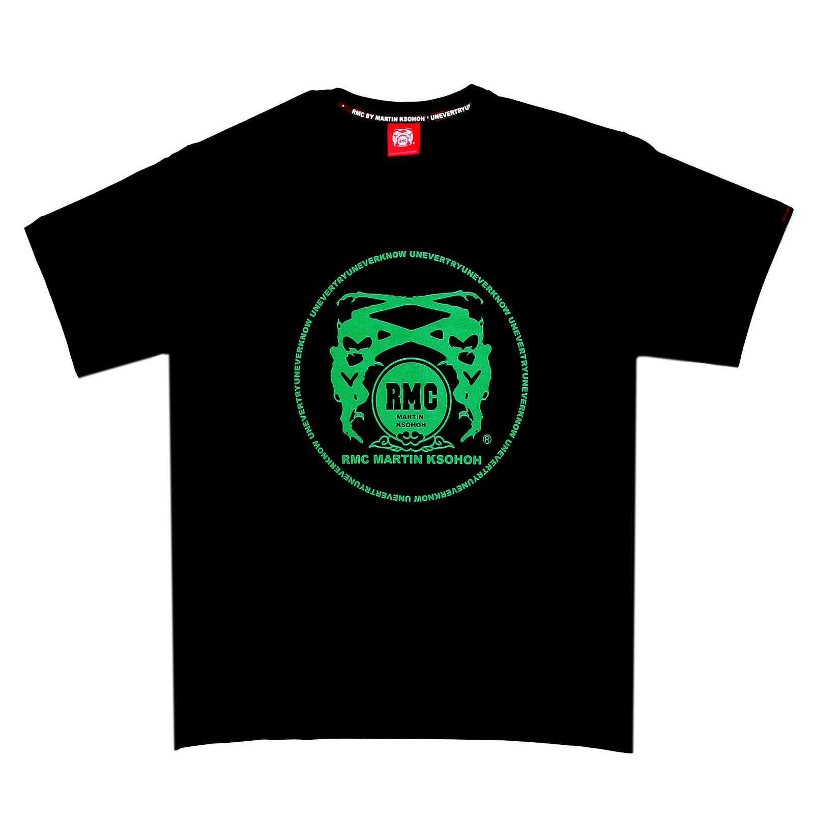 RMC MARTIN KSOHOH REGULAR FIT CREW NECK SHORT SLEEVE BLACK T SHIRT WITH GREEN LOGO PRINT REDM0087