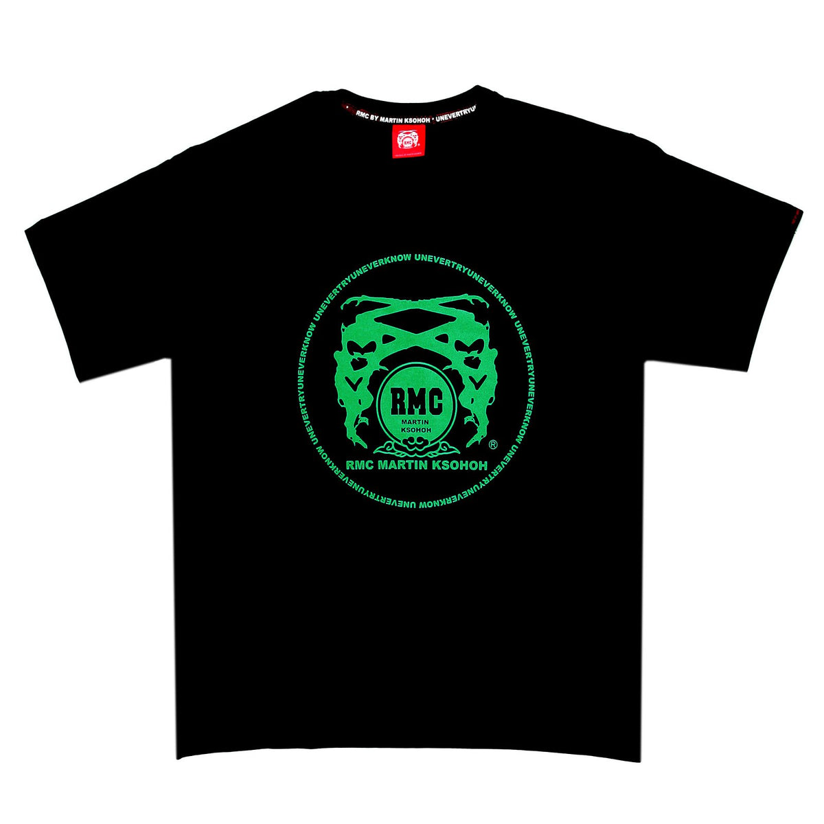 RMC MARTIN KSOHOH REGULAR FIT CREW NECK SHORT SLEEVE BLACK T SHIRT WITH GREEN LOGO PRINT REDM0087