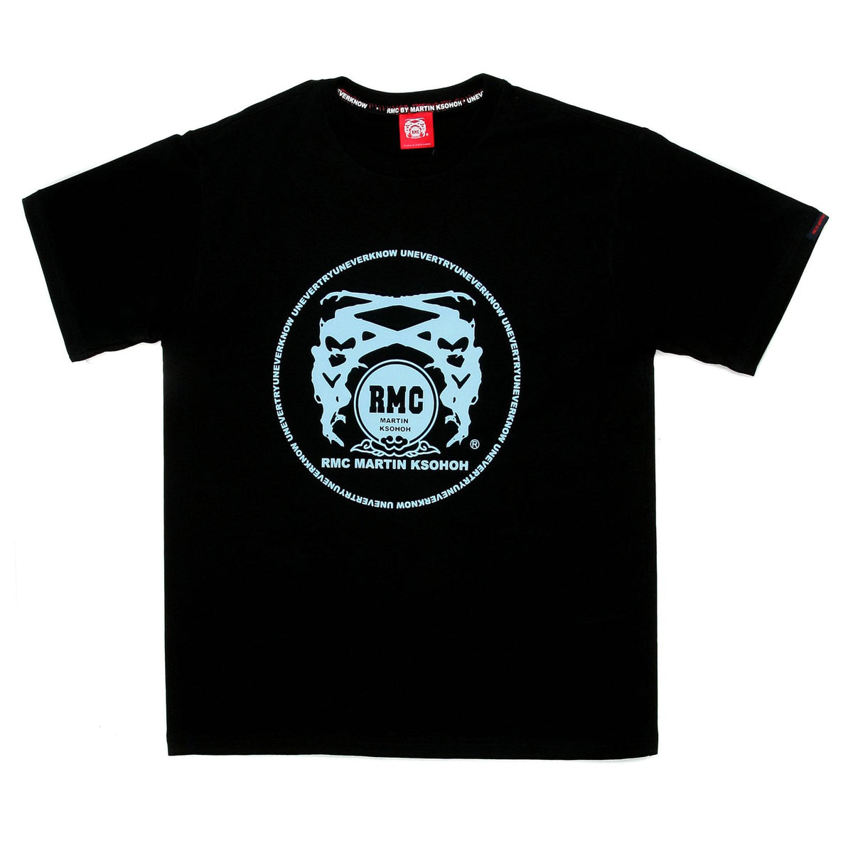 RMC MARTIN KSOHOH REGULAR FIT SHORT SLEEVE CREW NECK BLACK T SHIRT WITH LIGHT BLUE LOGO PRINT REDM0122