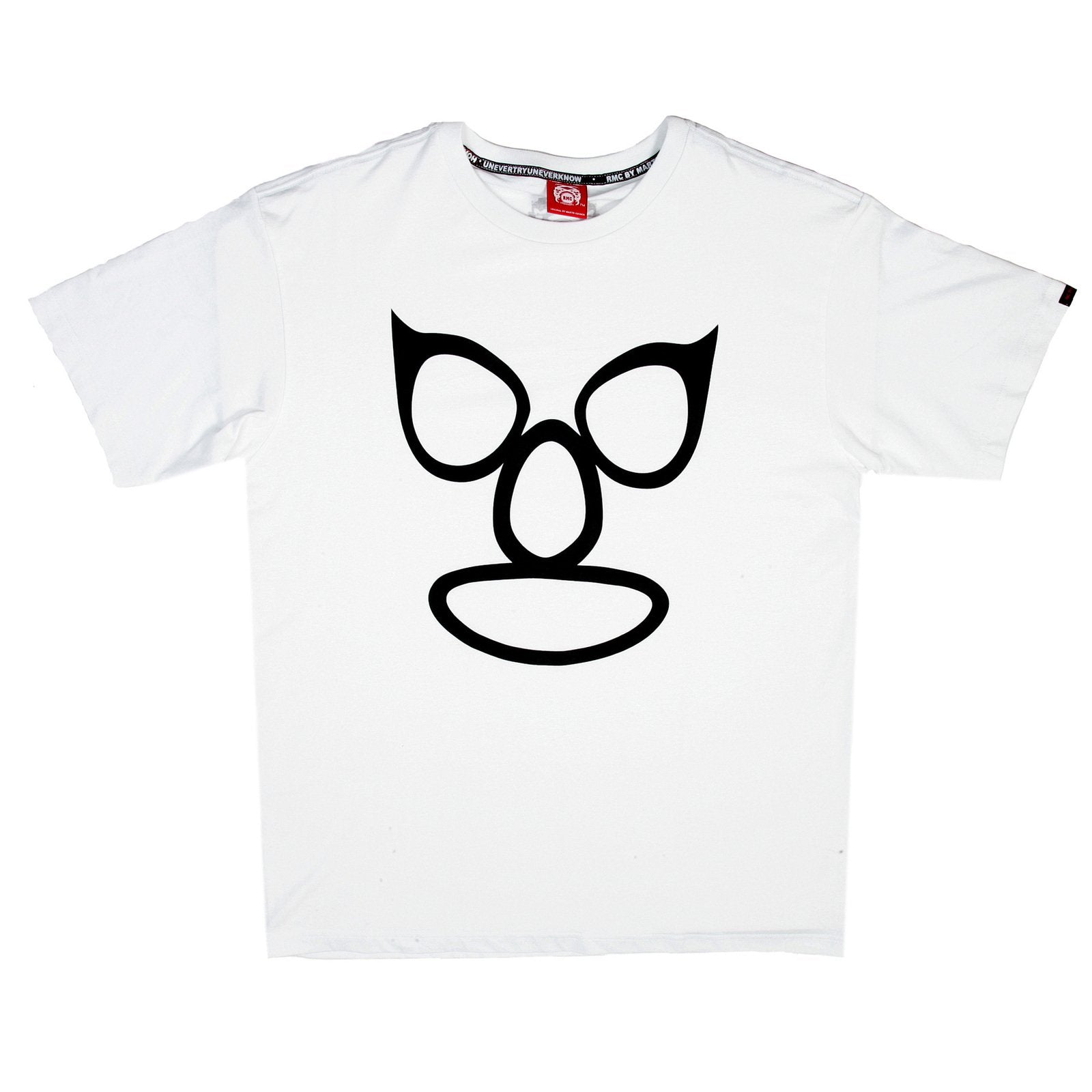 RMC JEANS REGULAR FIT 100% COTTON CREW NECK SHORT SLEEVED MASK PRINTED T-SHIRT IN WHITE REDM3475