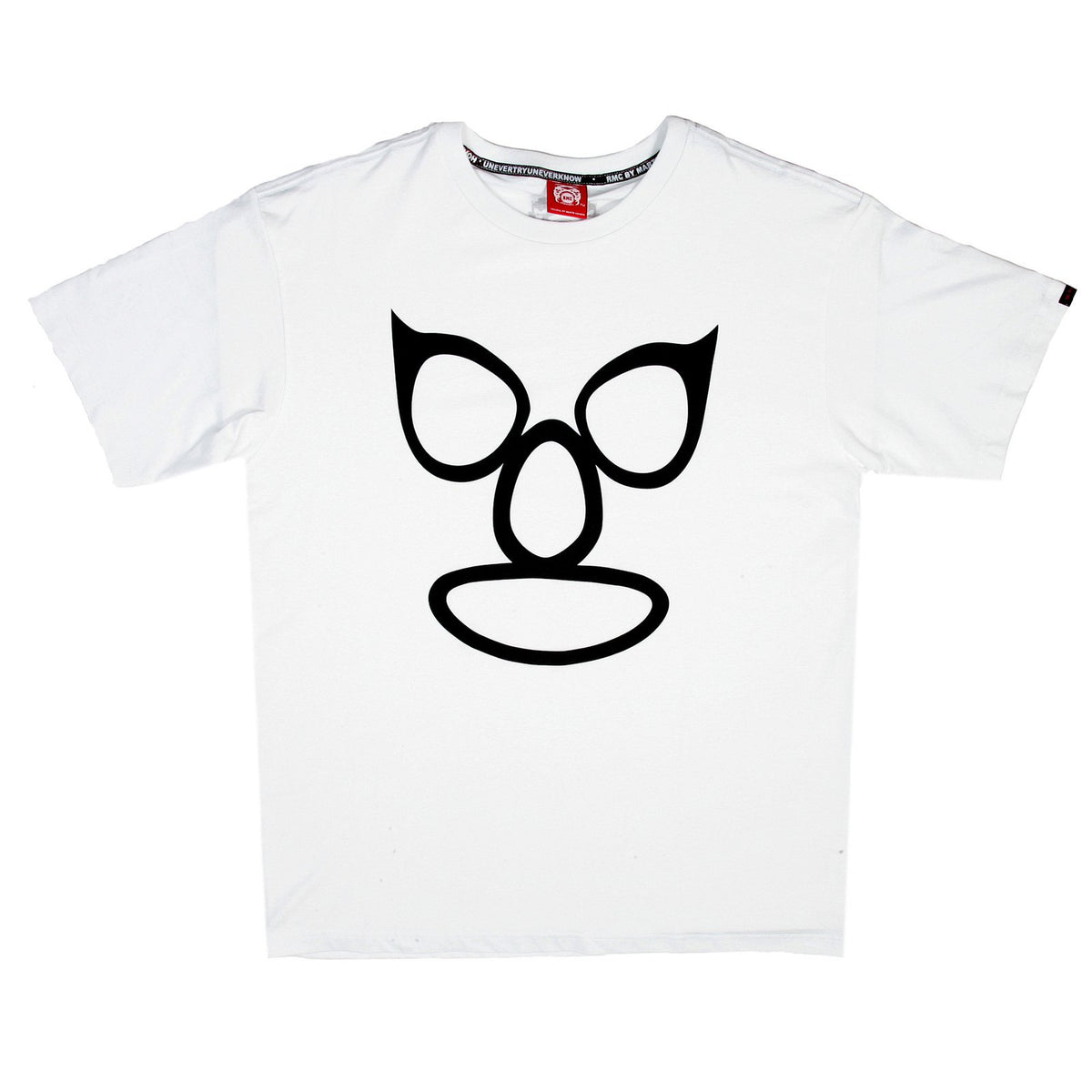 RMC JEANS REGULAR FIT 100% COTTON CREW NECK SHORT SLEEVED MASK PRINTED T-SHIRT IN WHITE REDM3475