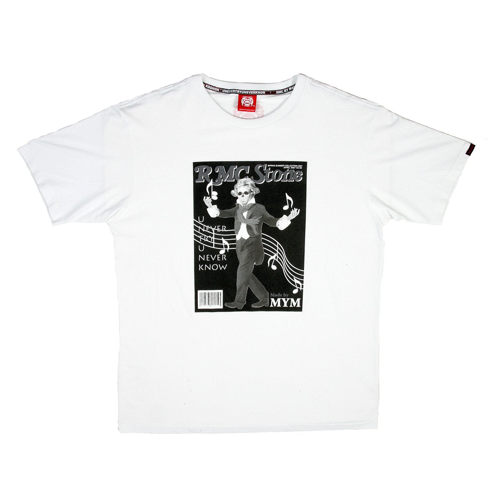 RMC JEANS 100% COTTON REGULAR FIT CREW NECK SHORT SLEEVE RMC STONE PRINTED T-SHIRT IN WHITE REDM3482