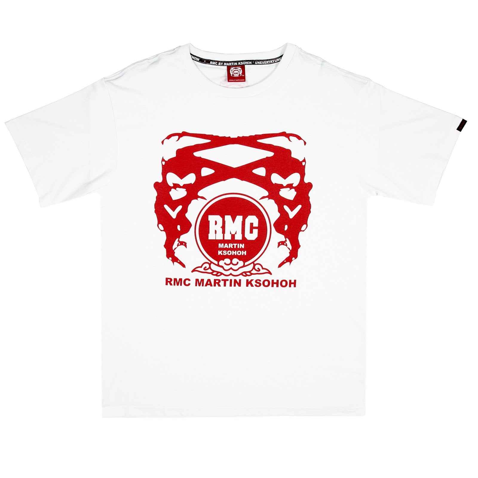 RMC JEANS MENS WHITE CREW NECK 100% COTTON REGULAR FIT T SHIRT WITH RED PRINTED SIGNATURE LOGO REDM3509.