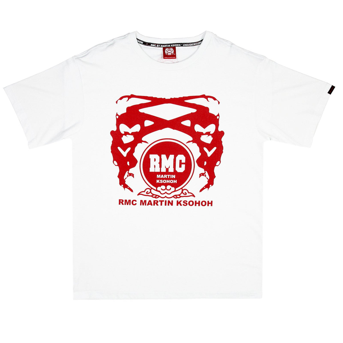 RMC JEANS MENS WHITE CREW NECK 100% COTTON REGULAR FIT T SHIRT WITH RED PRINTED SIGNATURE LOGO REDM3509.