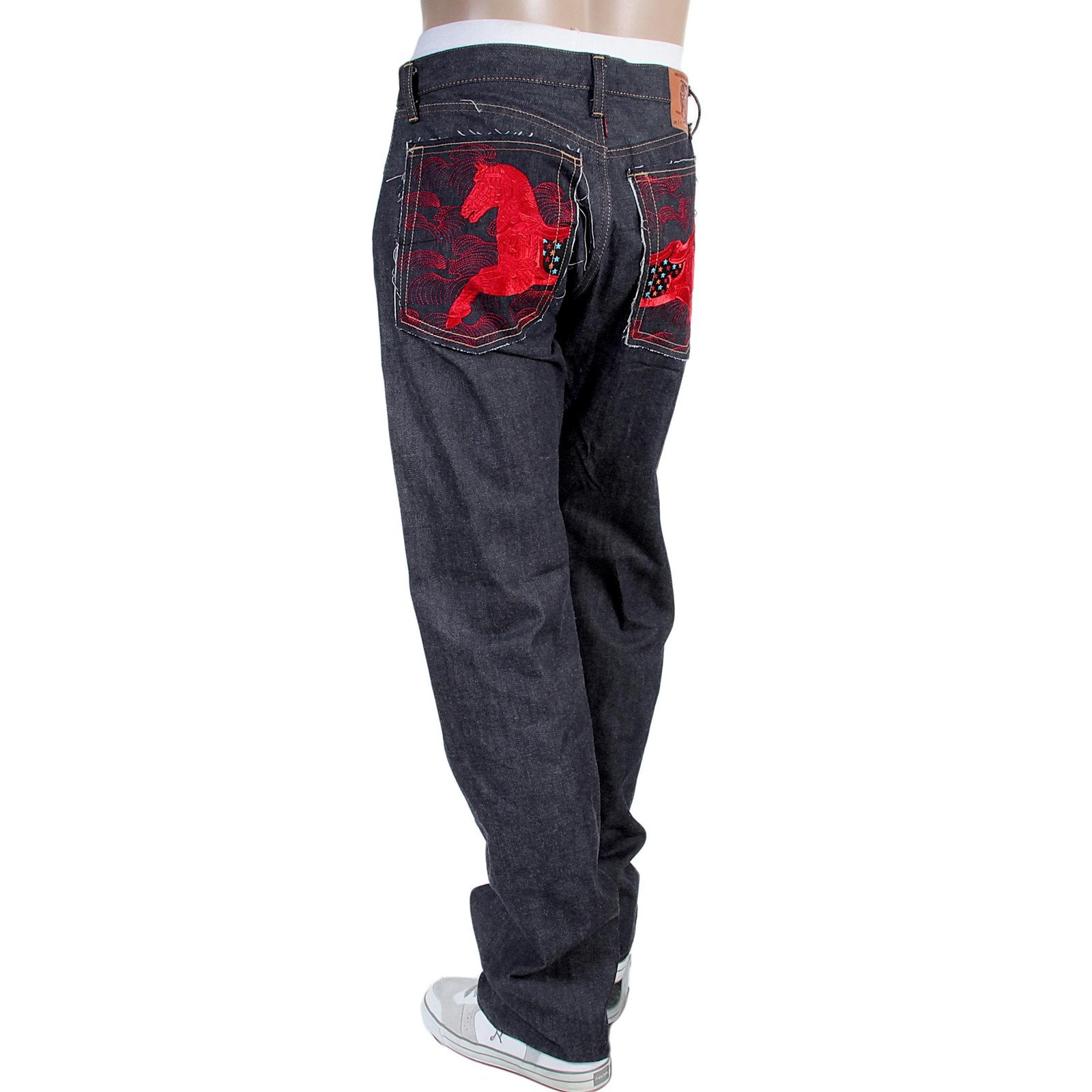 RMC JEANS 1001 MODEL MENS JAPANESE INDIGO RAW SELVEDGE DENIM JEANS WITH RED LUCKY HORSE EMBROIDERY RMC3748