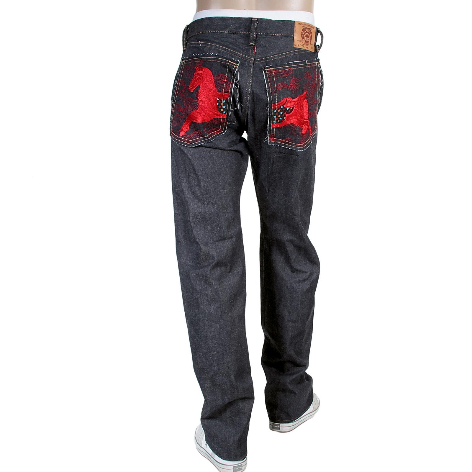 RMC JEANS 1001 MODEL MENS JAPANESE INDIGO RAW SELVEDGE DENIM JEANS WITH RED LUCKY HORSE EMBROIDERY RMC3748