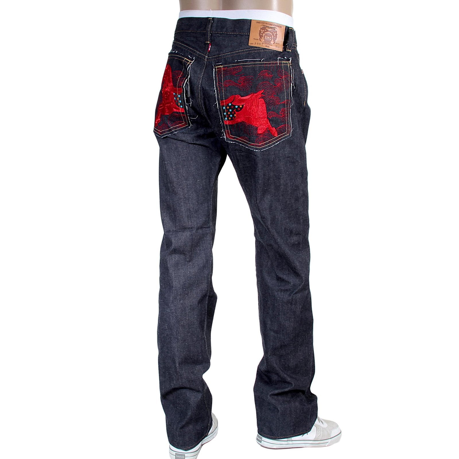 RMC JEANS 1001 MODEL MENS JAPANESE INDIGO RAW SELVEDGE DENIM JEANS WITH RED LUCKY HORSE EMBROIDERY RMC3748
