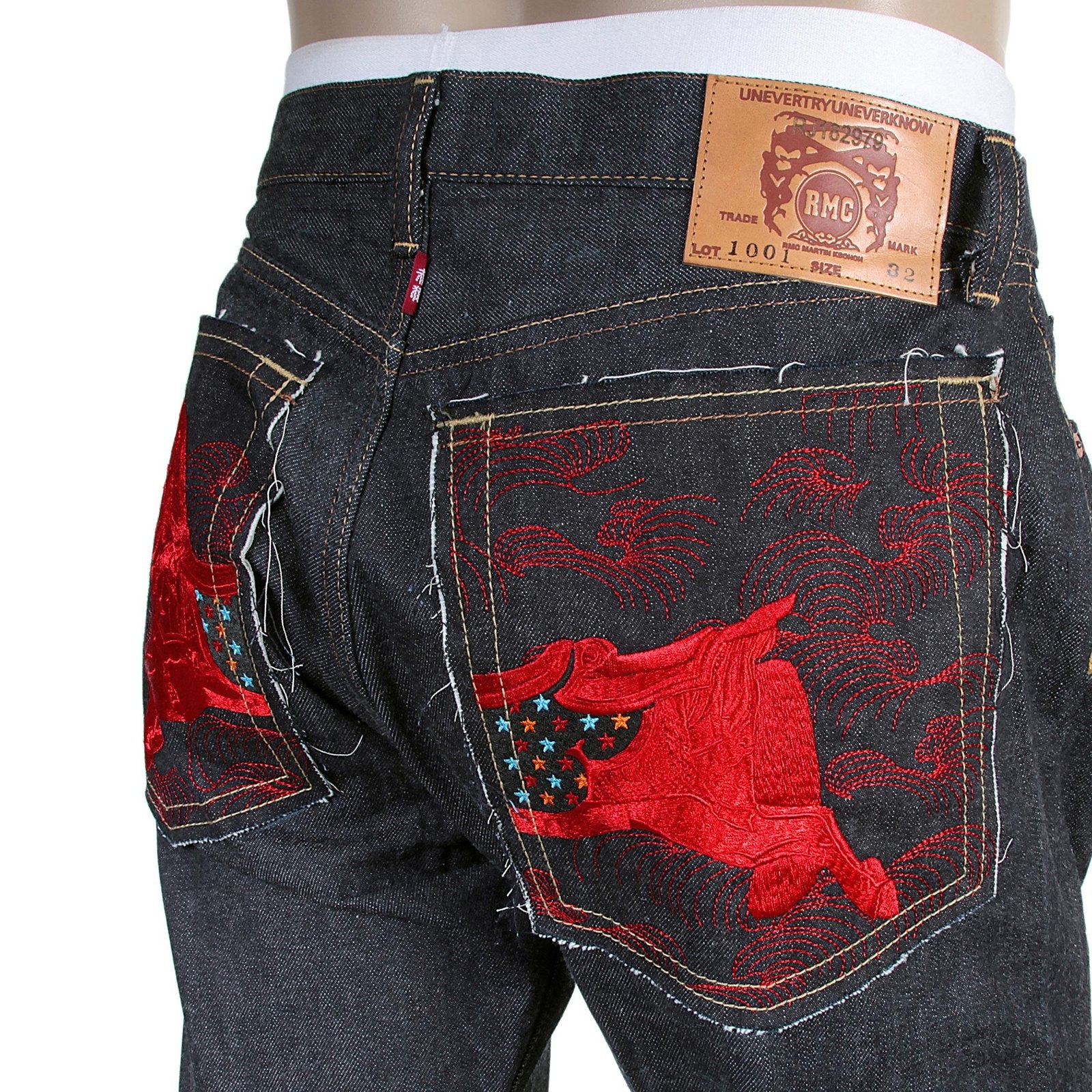 RMC JEANS 1001 MODEL MENS JAPANESE INDIGO RAW SELVEDGE DENIM JEANS WITH RED LUCKY HORSE EMBROIDERY RMC3748
