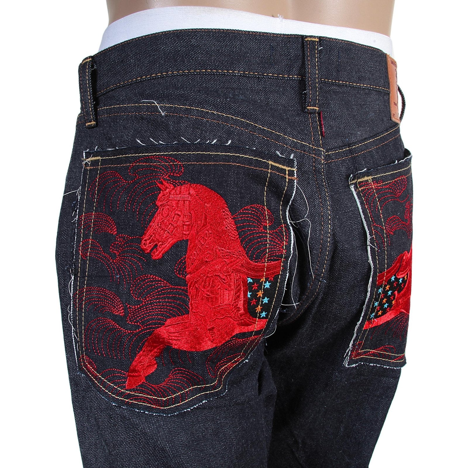 RMC JEANS 1001 MODEL MENS JAPANESE INDIGO RAW SELVEDGE DENIM JEANS WITH RED LUCKY HORSE EMBROIDERY RMC3748