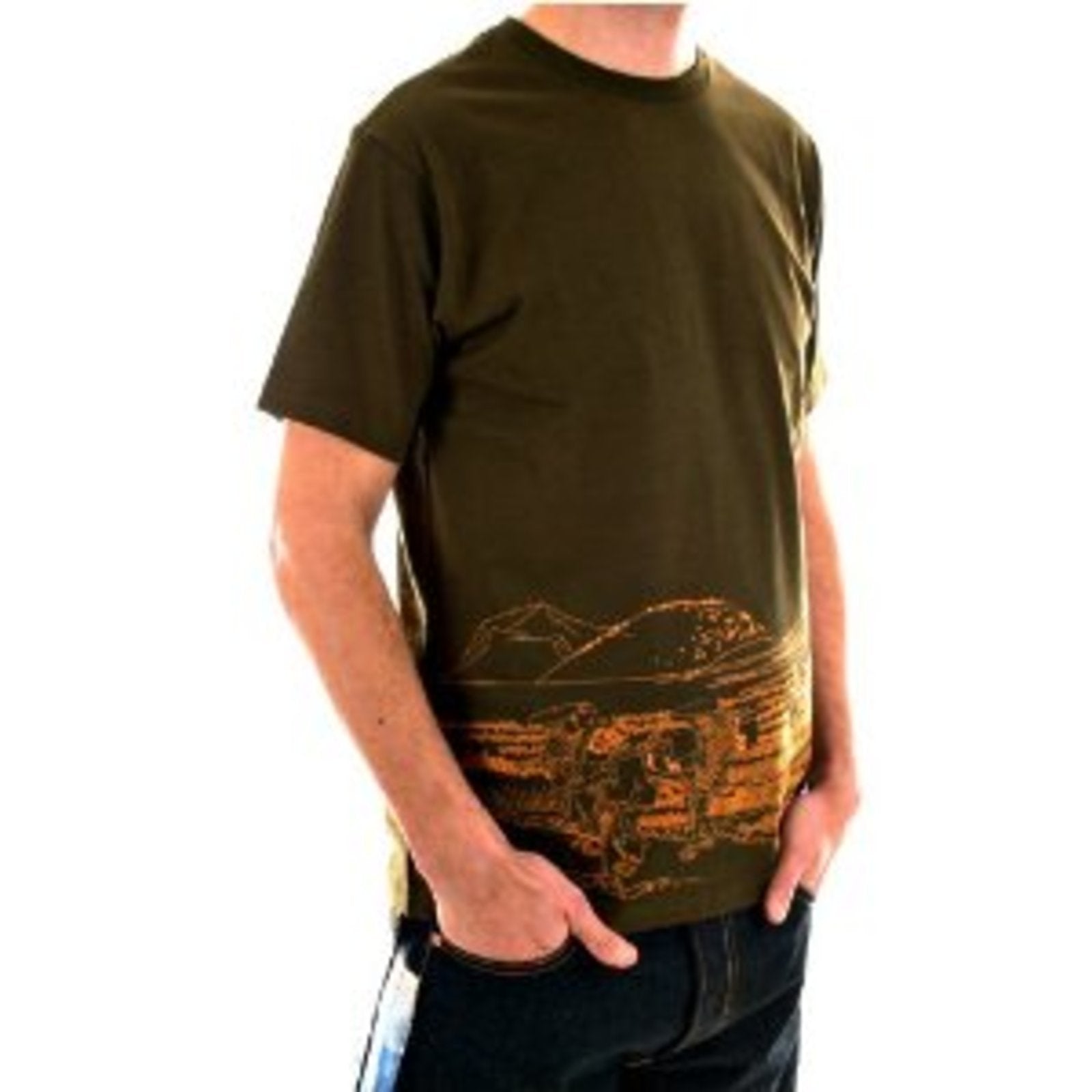 RMC AUTHENTIC COTTON SHORT SLEEVE CREW NECK ARMY GREEN T SHIRT WITH TOYO STORY TRAVEL PEOPLE PRINT REDM5944