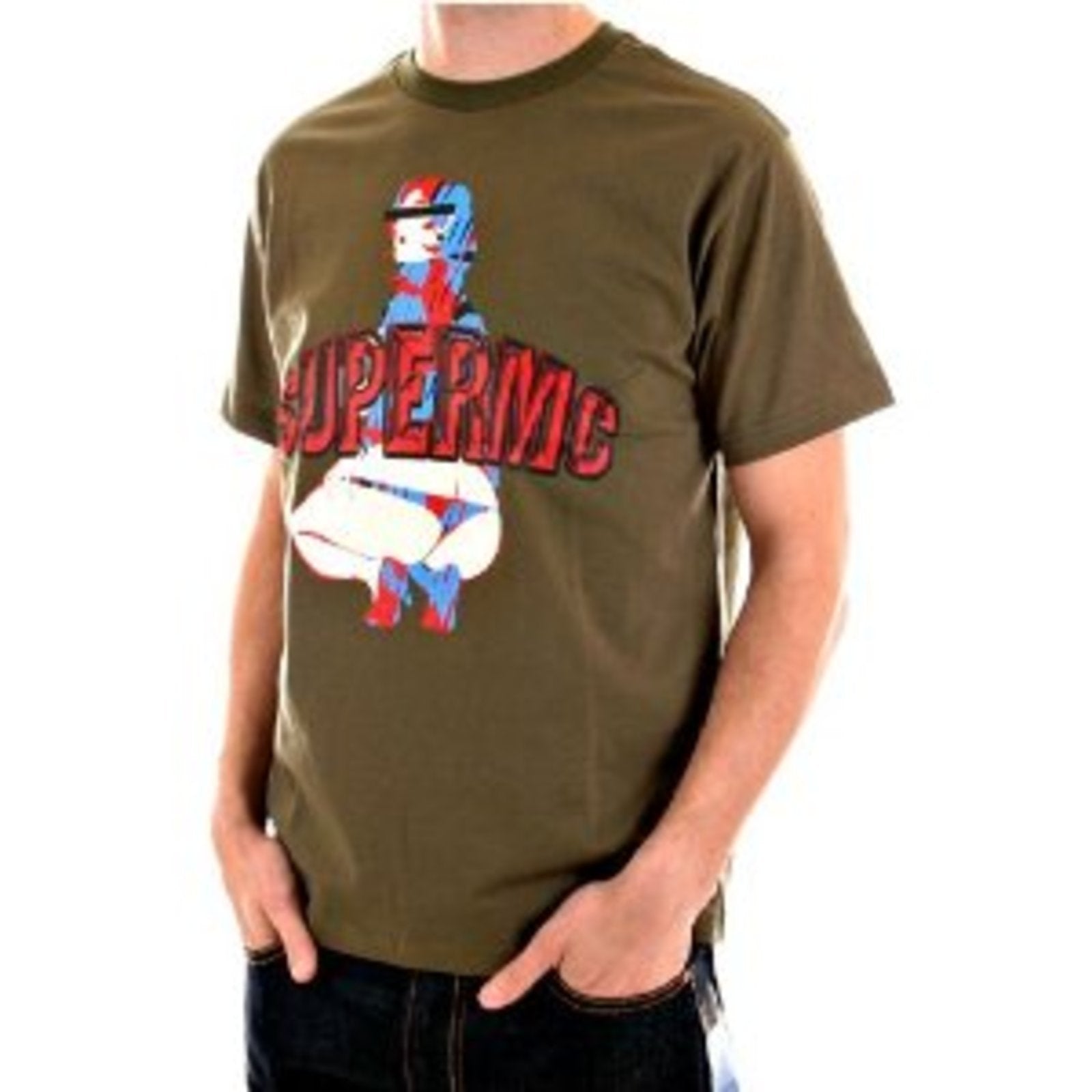 RMC JEANS COTTON SHORT SLEEVE CREW NECK REGULAR FIT ARMY GREEN T SHIRT WITH RARE SUPERMC PRINT REDM5952