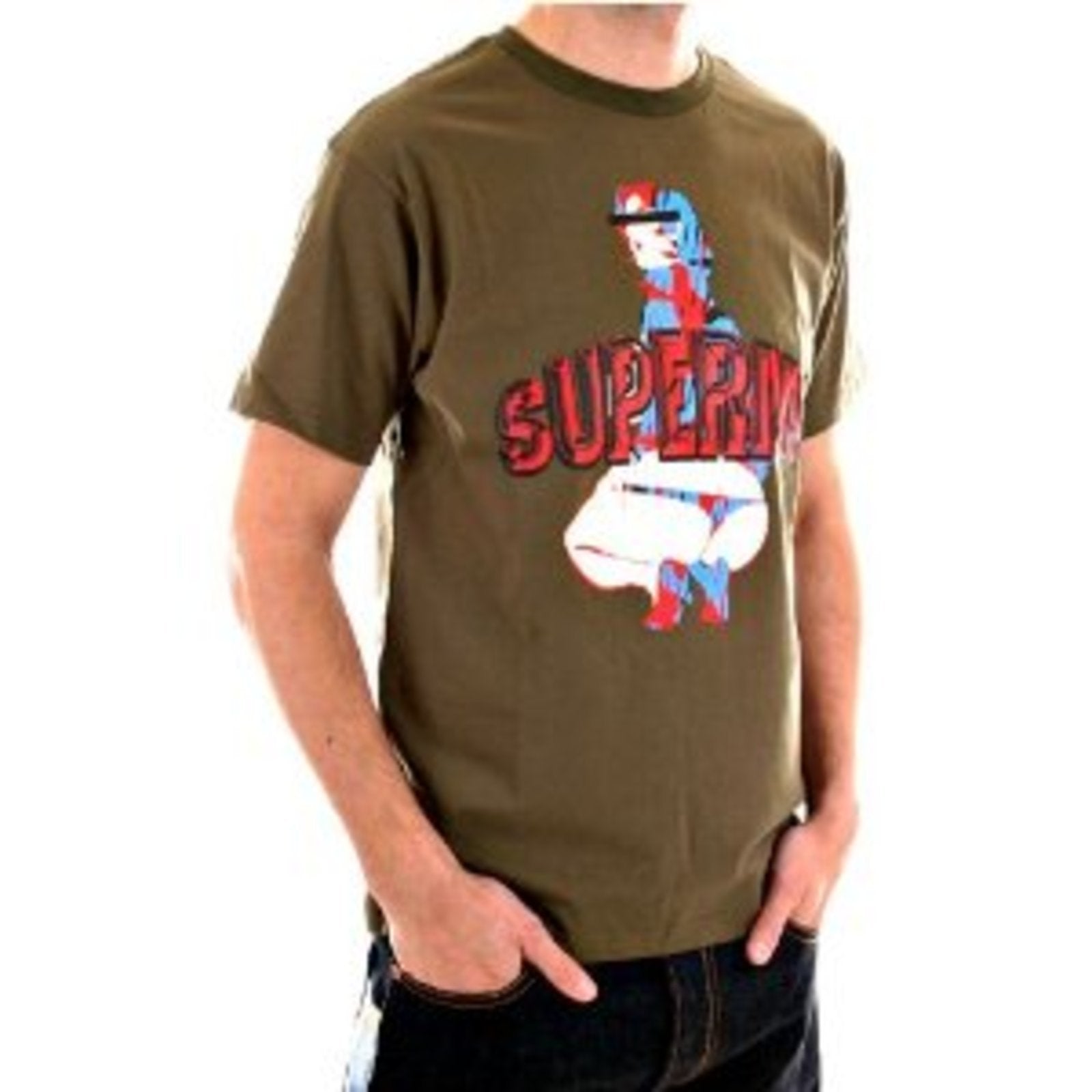 RMC JEANS COTTON SHORT SLEEVE CREW NECK REGULAR FIT ARMY GREEN T SHIRT WITH RARE SUPERMC PRINT REDM5952