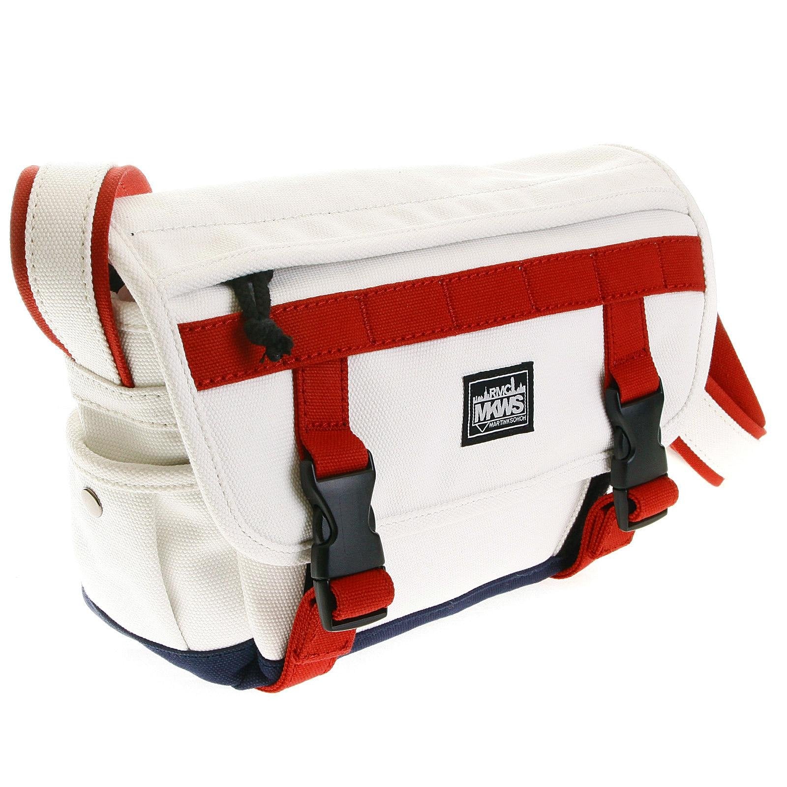 RMC MKWS UNISEX COTTON CANVAS SHOULDER BAG IN WHITE WITH RED AND NAVY CANVAS TRIMS REDM5576