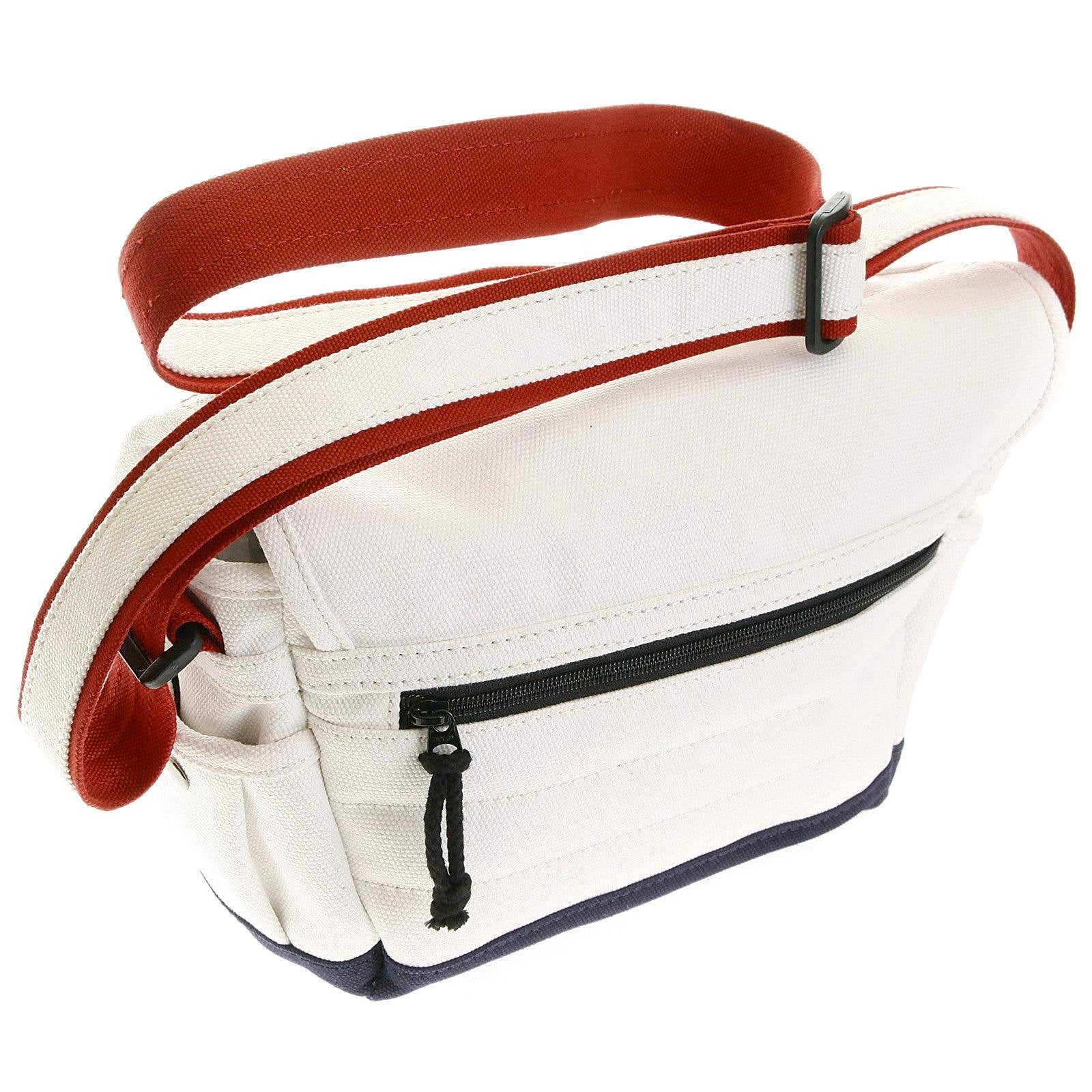 RMC MKWS UNISEX COTTON CANVAS SHOULDER BAG IN WHITE WITH RED AND NAVY CANVAS TRIMS REDM5576