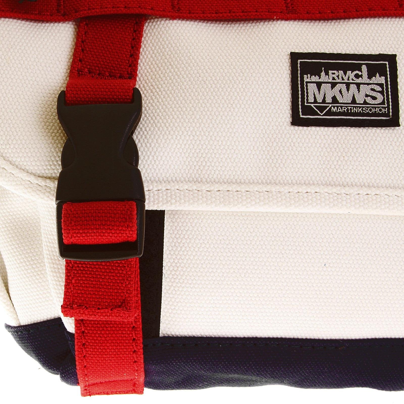 RMC MKWS UNISEX COTTON CANVAS SHOULDER BAG IN WHITE WITH RED AND NAVY CANVAS TRIMS REDM5576
