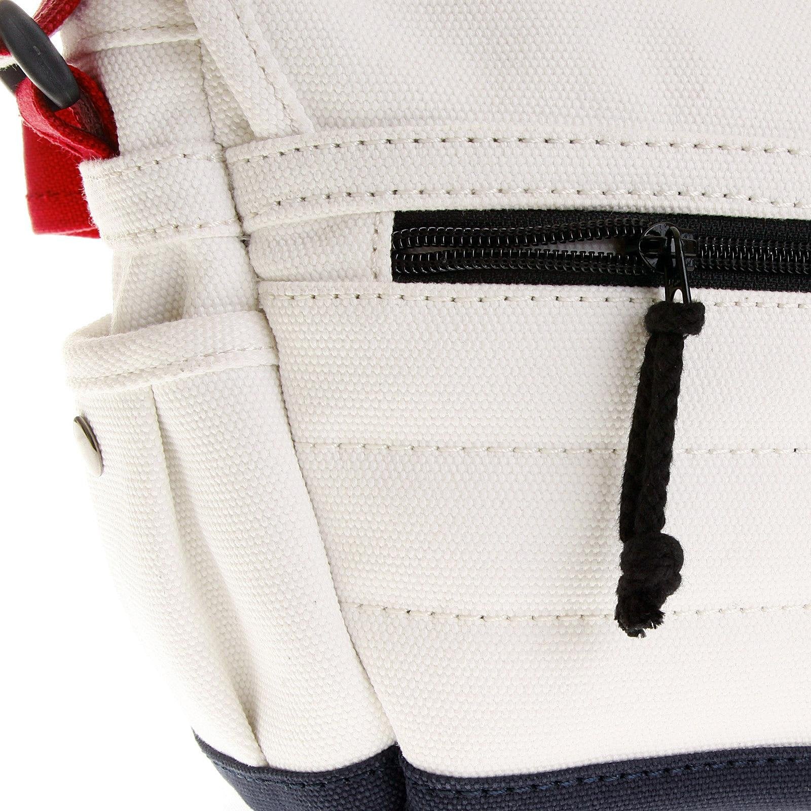 RMC MKWS UNISEX COTTON CANVAS SHOULDER BAG IN WHITE WITH RED AND NAVY CANVAS TRIMS REDM5576