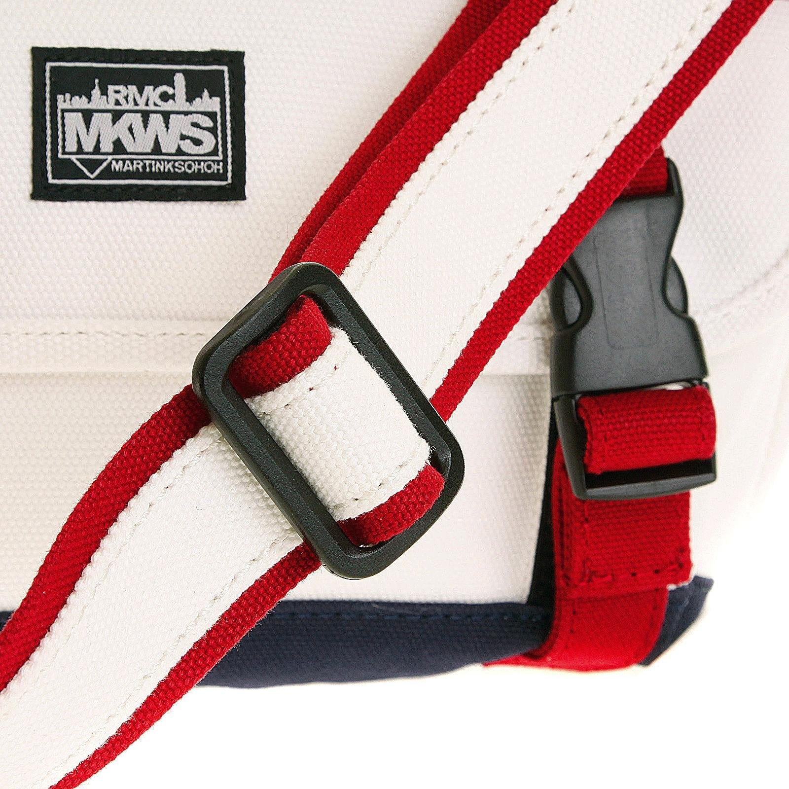 RMC MKWS UNISEX COTTON CANVAS SHOULDER BAG IN WHITE WITH RED AND NAVY CANVAS TRIMS REDM5576