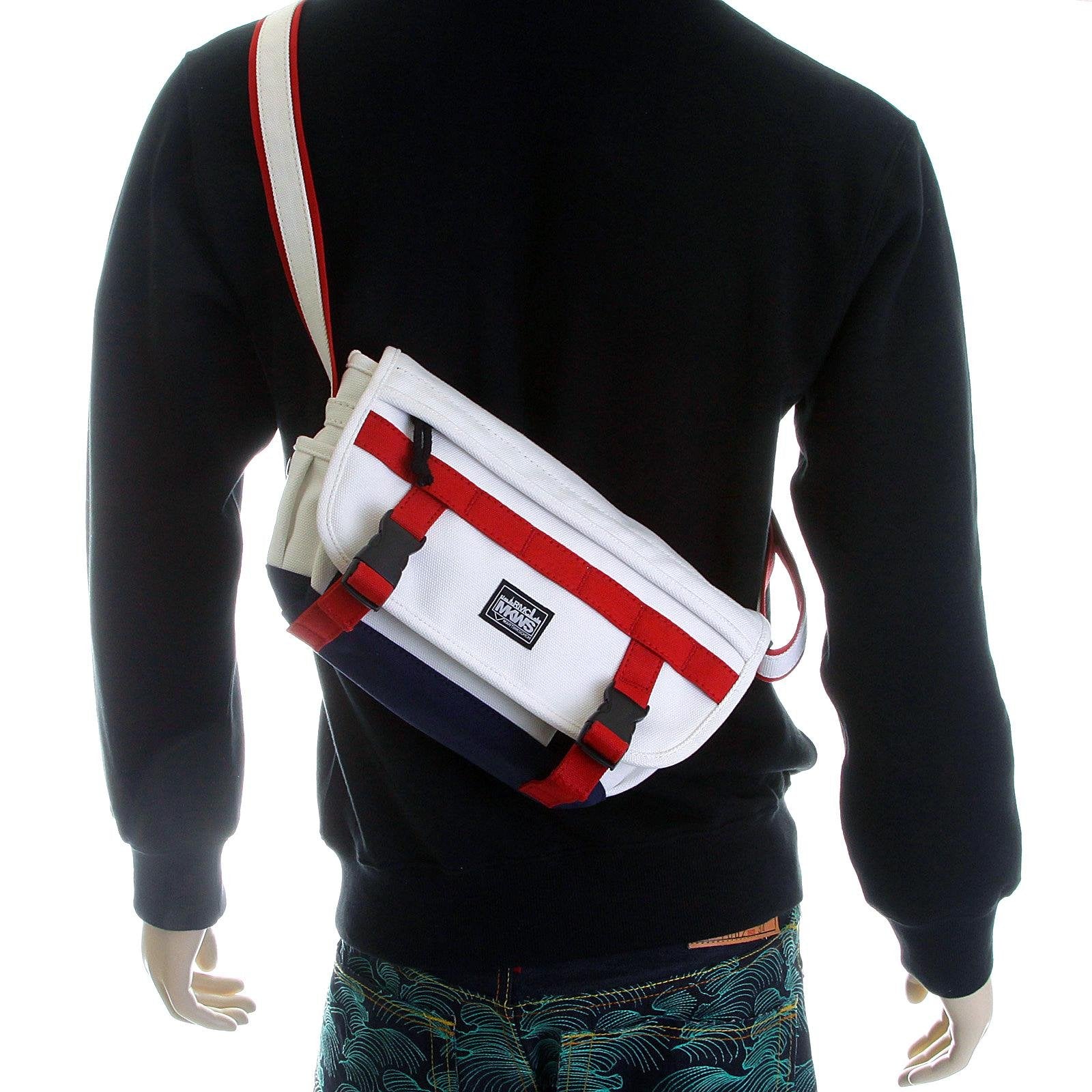 RMC MKWS UNISEX COTTON CANVAS SHOULDER BAG IN WHITE WITH RED AND NAVY CANVAS TRIMS REDM5576