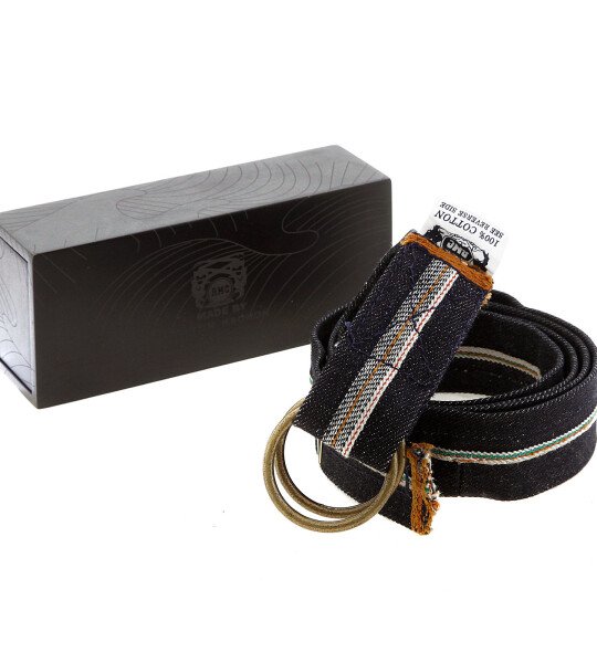 RMC JEANS HANDMADE SELVEDGE DENIM BELT IN LOGO AND TSUNAMI WAVE ADORNED BOX REDM5459