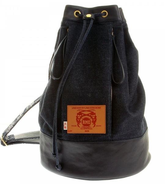 RMC JEANS UNISEX FULLY LINED DENIM WITH LEATHER DUFFLE BAG WITH PULL CORD CLOSURE TOP REDM5523