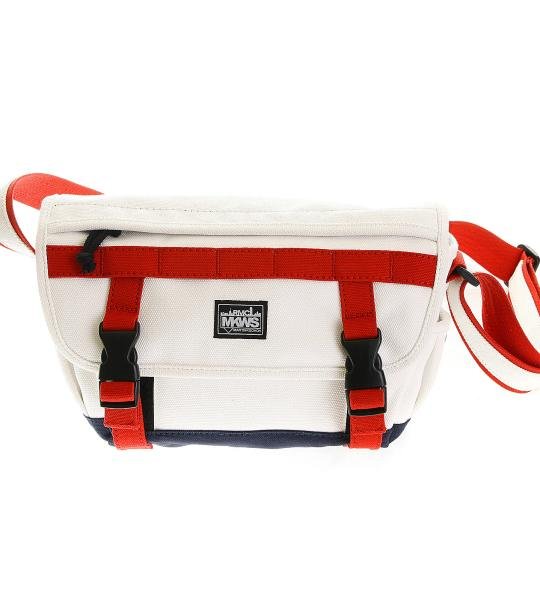 RMC MKWS UNISEX COTTON CANVAS SHOULDER BAG IN WHITE WITH RED AND NAVY CANVAS TRIMS REDM5576