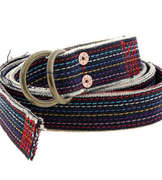 RMC JEANS HANDMADE DENIM BELT WITH RAINBOW COMBO EMBROIDERED STITCHING AND FRAYED EDGES REDM5453