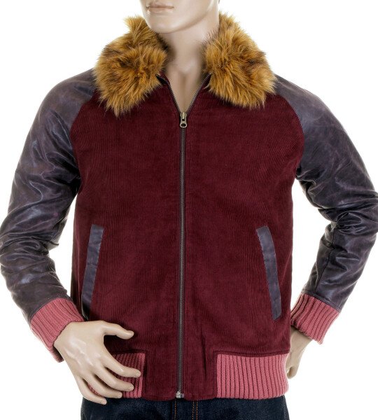 RMC JEANS SUPER EXCLUSIVE CLARET CORD AND PLATHER JACKET WITH CORDED BODY VARIEGATED SLEEVES REDM5322