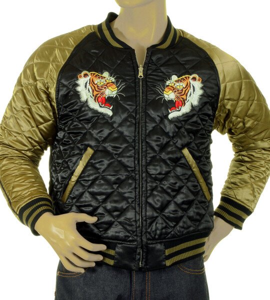 RMC JEANS FULLY REVERSIBLE BLACK AND GOLD SUPER EXCLUSIVE SILK QUILTED JACKET WITH TIGER EMBROIDERY REDM5662