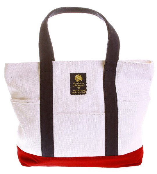 RMC MKWS COTTON UNISEX WHITE CANVAS SHOPPER BAG WITH RED CANVAS BASE AND NAVY CANVAS HANDLES REDM5588