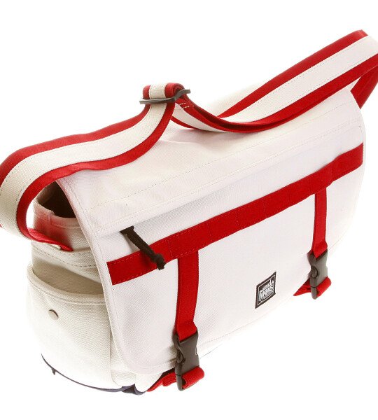 RMC MKWS UNISEX 100% COTTON LARGE CANVAS SHOULDER BAG IN WHITE WITH RED AND NAVY TRIM REDM5578