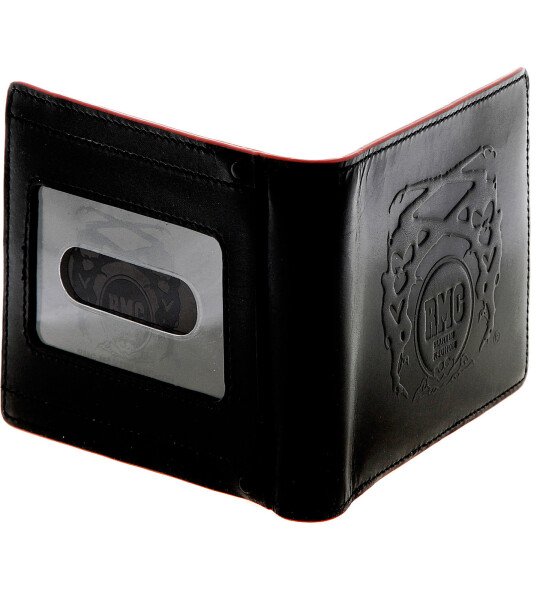 RMC JEANS BLACK LEATHER BILL FOLD AND CREDIT CARD WALLET WITH RED LEATHER TRIM FOR MEN REDM5514