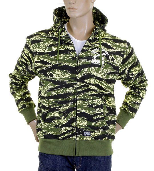 RMC JEANS REGULAR FIT GREEN TIGER CAMO RQZ1087 HOODED JACKET FOR MEN WITH FULL ZIP FRONT CLOSURE REDM2305