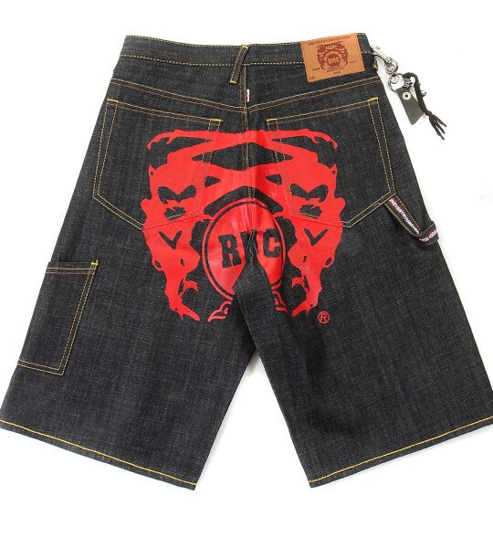RMC JEANS 100% COTTON LOGOA MENS CARGO DENIM SHORTS WITH SUPER EXCLUSIVE RED PAINTED LOGO REDM3732