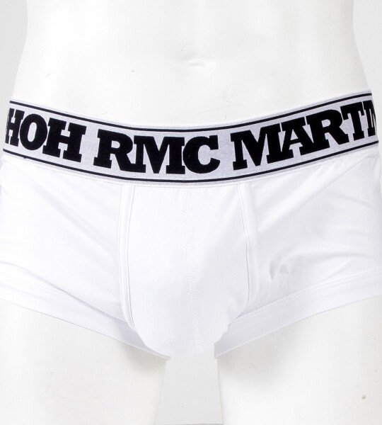 RMC JEANS WHITE COTTON RQU12007 STRETCH TRUNKS WITH BLACK LOGO WOVEN ON DEEP ELASTICATED WAISTBAND RMC001