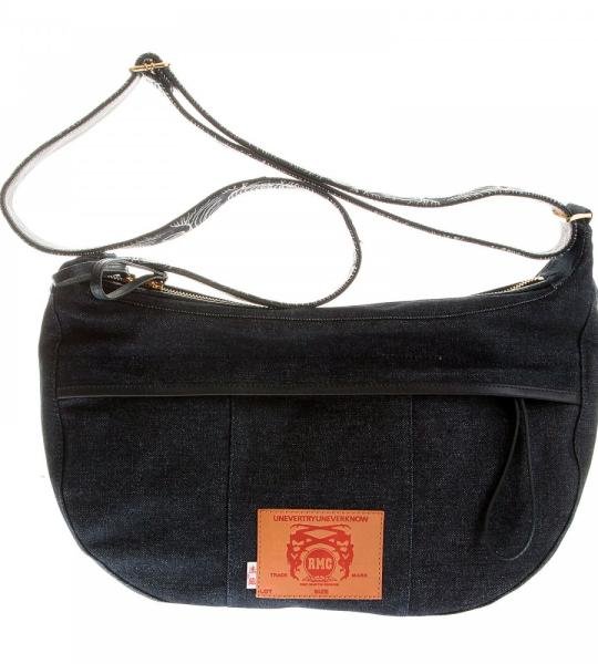 RMC JEANS FULLY LINED UNISEX DENIM SHOULDER BAG WITH LEATHER HANDLES, ZIP PULLS AND TRIM REDM5528