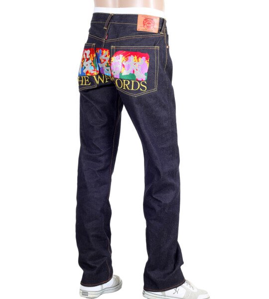 RMC JEANS RARE LIMITED EDITION RAW SELVEDGE DARK INDIGO DENIM JEANS WITH EXCLUSIVE WARLORDS EMBROIDERY REDM0055